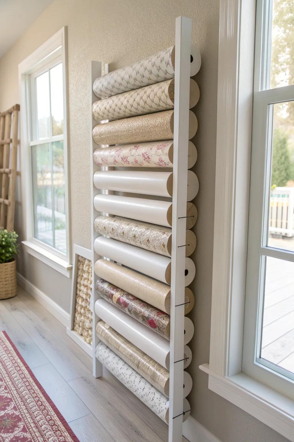 Transform your area with this elegant PVC pipe solution for fashionable gift wrap storage. 🌿✨