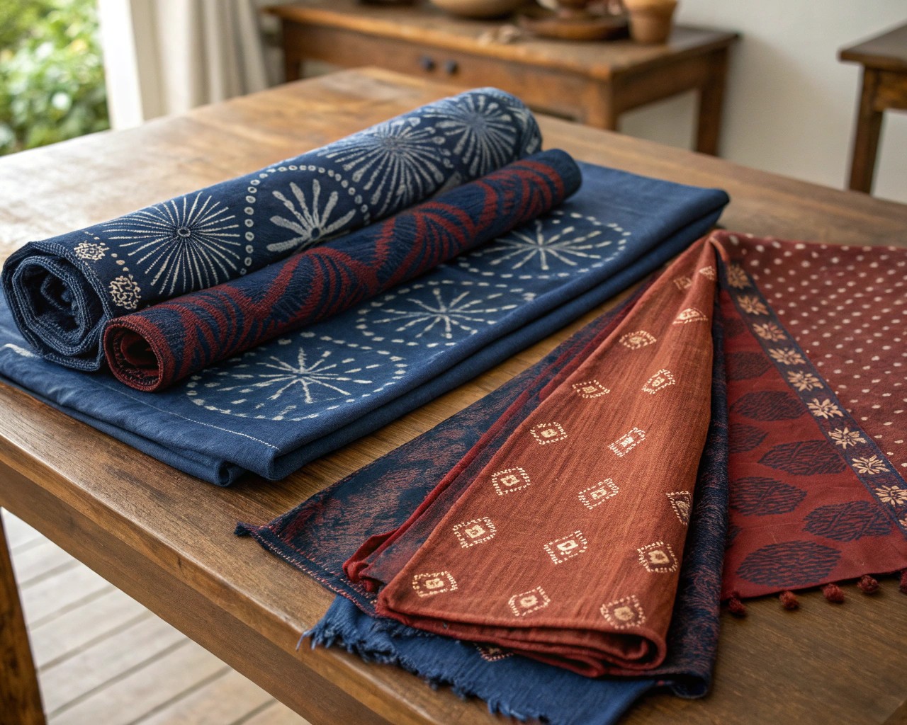 A curated selection of colorfast natural fabrics dyed using traditional methods.
