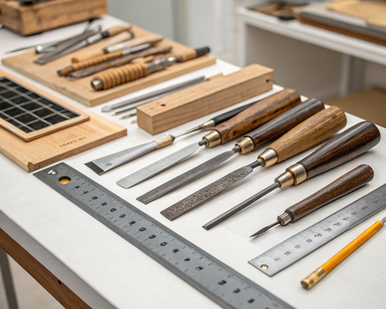 A selection of essential tools needed for crafting a personalized wooden recipe card box.
