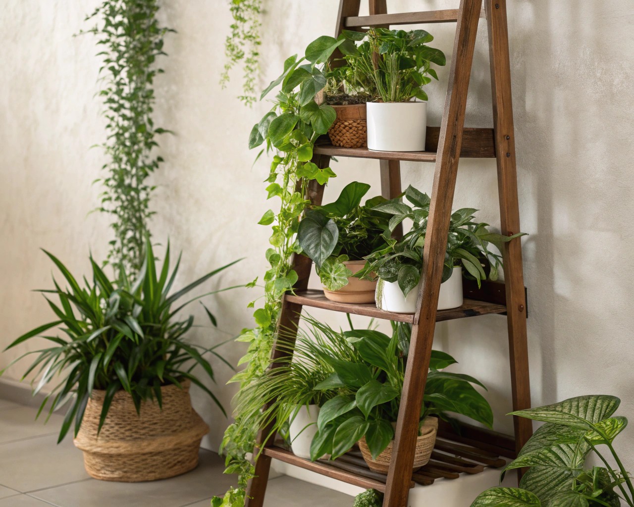 Maximize space and style with a ladder plant shelf.