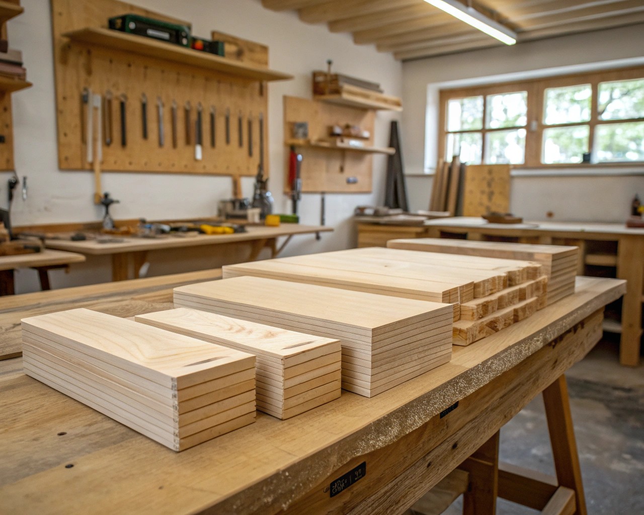 The construction process begins with precision cutting and surface preparation of wood.
