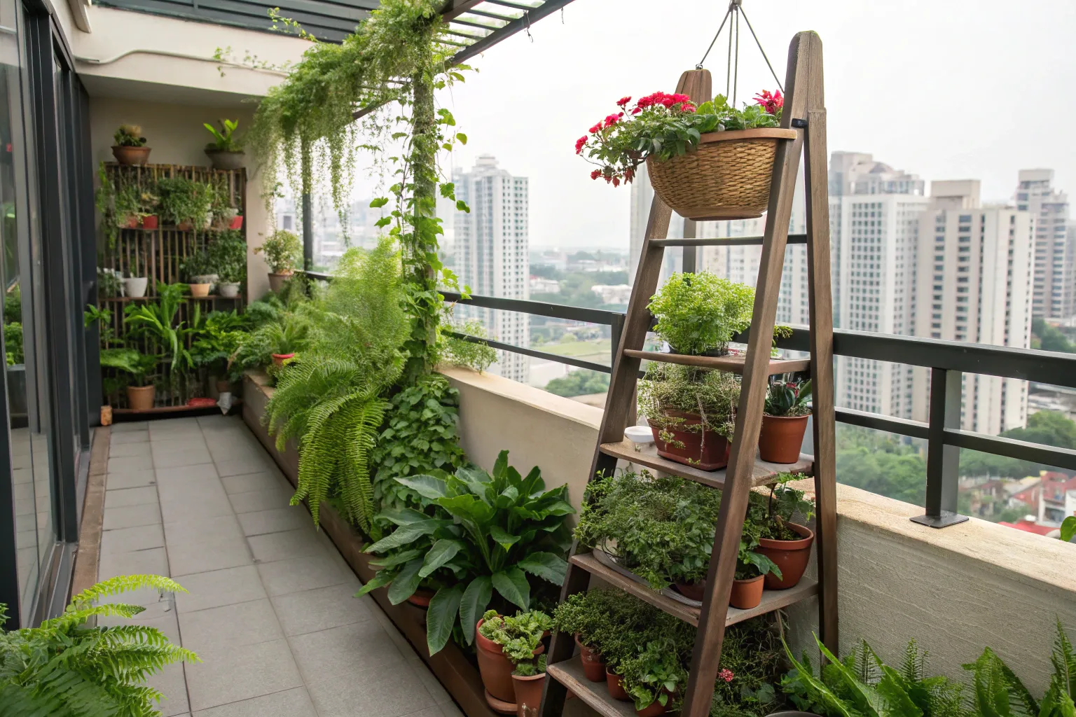 Balcony Plant Shelf from a Step Ladder and Painted Planks